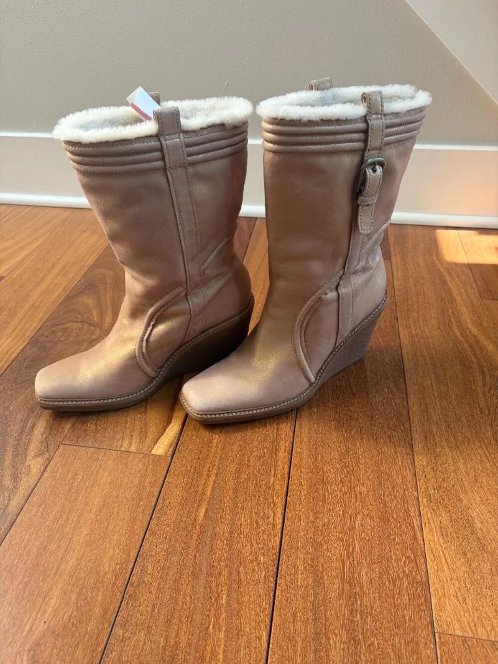 Cole Haan Michelle champagne/metallic gold wedge mid-calf leather boots